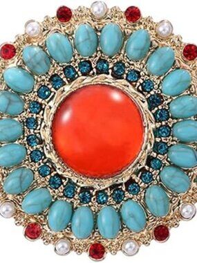 New - Sun Flower Brooch Pin Gold Toned Turquoise Ruby Red Blossom Flower Jewelry